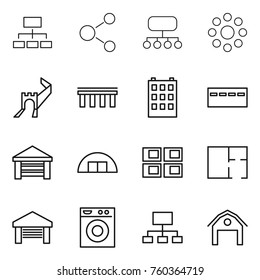 Thin line icon set : hierarchy, molecule, structure, round around, greate wall, bridge, building, bunker, garage, hangare, panel house, plan, washing machine, barn