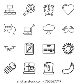 Thin line icon set : hierarchy, dollar magnifier, alarm clock, heart, discussion, notebook wireless, cloud, smart glasses, drone, clipboard pen, invoice, sun, jellyfish, coffee maker, kettle