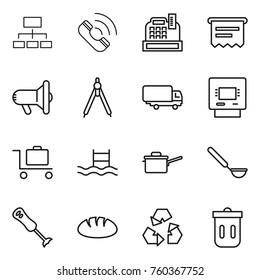 Thin line icon set : hierarchy, call, cashbox, atm receipt, megafon, drawing compasses, shipping, baggage trolley, pool, saute pan, ladle, blender, bread, recycling, trash bin