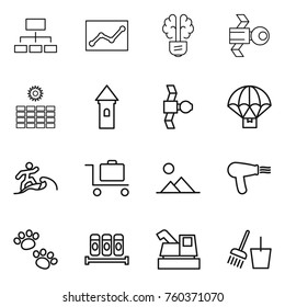 Thin line icon set : hierarchy, statistics, bulb brain, satellite, sun power, tower, parachute delivery, surfer, baggage trolley, landscape, hair dryer, pets, spices, harvester, bucket and broom