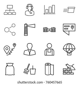 Thin line icon set : hierarchy, call center, graph, delivery, molecule, lighthouse, school, location details, route, client, workman, parachute, flour, bucket and broom, paper towel