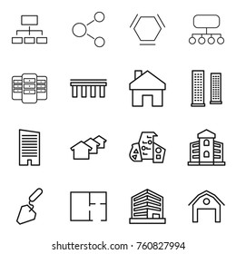 Thin line icon set : hierarchy, molecule, hex, structure, server, bridge, home, skyscrapers, skyscraper, houses, modern architecture, building, construction, plan, office, barn
