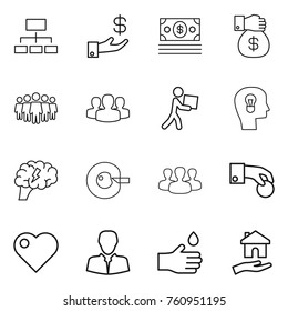 Thin line icon set : hierarchy, investment, money, gift, team, group, courier, bulb head, brain, cell corection, hand coin, heart, client, drop, housing