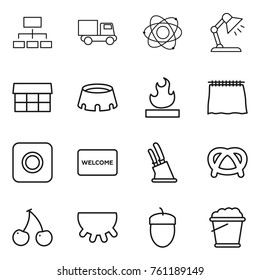 Thin line icon set : hierarchy, truck, atom, table lamp, market, stadium, flammable, curtain, ring button, welcome mat, knife holder, pretzel, cherry, udder, acorn, foam bucket