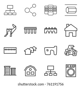 Thin line icon set : hierarchy, molecule, server, nano tube, greate wall, bridge, home, bunker, houses, slum, modern architecture, district, house, washing machine