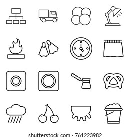 Thin line icon set : hierarchy, truck, atom core, table lamp, flammable, flippers, watch, curtain, ring button, turk, pretzel, rain cloud, cherry, udder, foam bucket