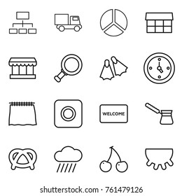 Thin line icon set : hierarchy, truck, diagram, market, magnifier, flippers, watch, curtain, ring button, welcome mat, turk, pretzel, rain cloud, cherry, udder