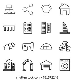 Thin line icon set : hierarchy, molecule, hex, home, bridge, building, skyscrapers, skyscraper, houses, slum, hangare, modern architecture, arch, garage, washing machine
