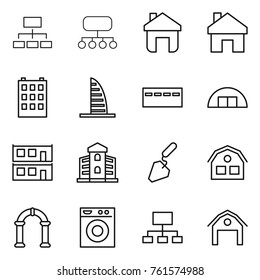 Thin line icon set : hierarchy, structure, home, building, skyscraper, bunker, hangare, modular house, construction, arch, washing machine, barn