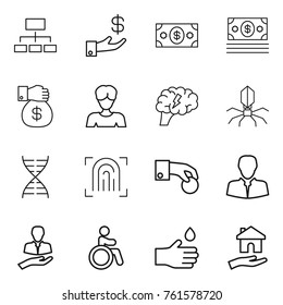 Thin line icon set : hierarchy, investment, money, gift, woman, brain, virus, dna, fingerprint, hand coin, client, invalid, drop, housing