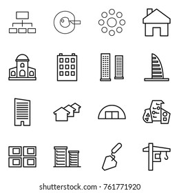 Thin line icon set : hierarchy, cell corection, round around, home, mansion, building, skyscrapers, skyscraper, houses, hangare, modern architecture, panel house, district, construction, tower crane