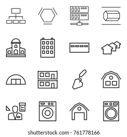 Thin line icon set : hierarchy, hex molecule, server, nano tube, mansion, building, bunker, houses, hangare, modular house, construction, architector, washing machine, barn