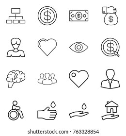 Thin line icon set : hierarchy, dollar, money, gift, woman, heart, eye, arrow, brain, group, client, invalid, hand drop, and, housing