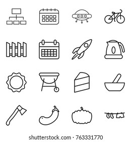 Thin line icon set : hierarchy, calendar, ufo, bike, fence, rocket, kettle, induction oven, bbq, cake, mortar, axe, eggplant, pumpkin, drying clothe