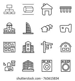 Thin line icon set : hierarchy, nano tube, home, bridge, mansion, skyscraper, houses, slum, modular house, building, tower crane, architector, office, washing machine