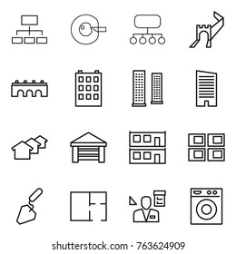 Thin line icon set : hierarchy, cell corection, structure, greate wall, bridge, building, skyscrapers, skyscraper, houses, garage, modular house, panel, construction, plan, architector