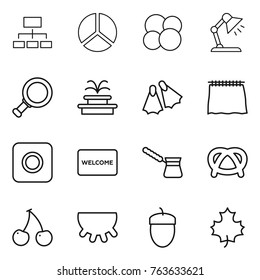 Thin line icon set : hierarchy, diagram, atom core, table lamp, magnifier, fountain, flippers, curtain, ring button, welcome mat, turk, pretzel, cherry, udder, acorn, maple leaf