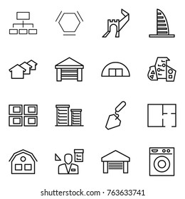 Thin line icon set : hierarchy, hex molecule, greate wall, skyscraper, houses, garage, hangare, modern architecture, panel house, district, construction, plan, architector, washing machine