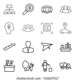 Thin line icon set : hierarchy, dollar magnifier, team, group, bulb head, fingerprint, car pointer, stairs, client, deltaplane, baggage checking, inspector, garden cleaning, garbage bin, home call