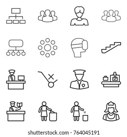 Thin line icon set : hierarchy, group, woman, structure, round around, virtual mask, stairs, customs control, do not trolley sign, security man, baggage checking, inspector, garbage bin, cleaner