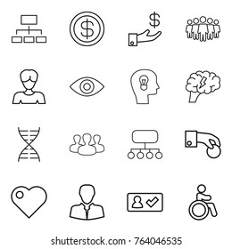 Thin line icon set : hierarchy, dollar, investment, team, woman, eye, bulb head, brain, dna, group, structure, hand coin, heart, client, check in, invalid