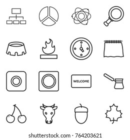 Thin line icon set : hierarchy, diagram, atom, magnifier, stadium, flammable, watch, curtain, ring button, welcome mat, turk, cherry, cow, acorn, maple leaf