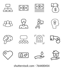 Thin line icon set : hierarchy, money, gift, group, woman, courier, bulb head, brain, structure, fingerprint, hand coin, heart, check in, and drop, housing