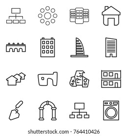 Thin line icon set : hierarchy, round around, server, home, bridge, building, skyscraper, houses, slum, modern architecture, modular house, construction, arch, washing machine