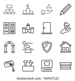 Thin line icon set : hierarchy, pedestal, chemical industry, pencil, calculator, castle, door, real estate, arch, sun potection, shield, home, mixer, repair tools, cooking book, sponge
