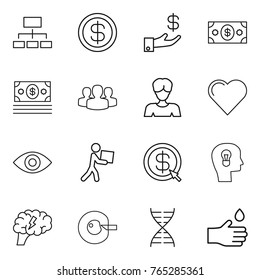 Thin line icon set : hierarchy, dollar, investment, money, group, woman, heart, eye, courier, arrow, bulb head, brain, cell corection, dna, hand drop