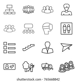 Thin line icon set : hierarchy, team, group, woman, structure, virtual mask, wc, list, stairs, client, deltaplane, check in, garden cleaning, home call, outsource