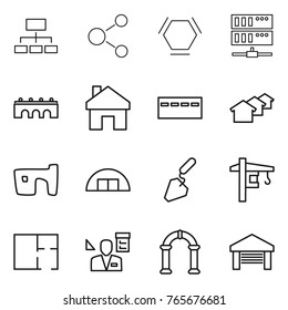 Thin line icon set : hierarchy, molecule, hex, server, bridge, home, bunker, houses, slum, hangare, construction, tower crane, plan, architector, arch, garage
