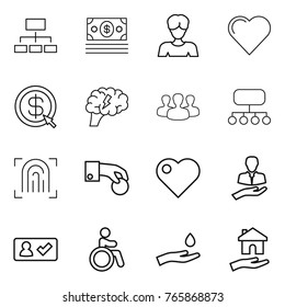 Thin line icon set : hierarchy, money, woman, heart, dollar arrow, brain, group, structure, fingerprint, hand coin, client, check in, invalid, and drop, housing