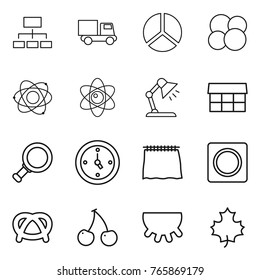 Thin line icon set : hierarchy, truck, diagram, atom core, table lamp, market, magnifier, watch, curtain, ring button, pretzel, cherry, udder, maple leaf