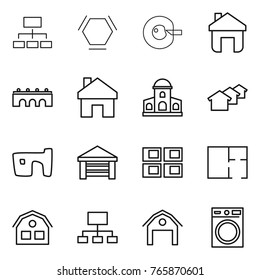 Thin line icon set : hierarchy, hex molecule, cell corection, home, bridge, mansion, houses, slum, garage, panel house, plan, barn, washing machine