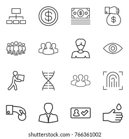 Thin line icon set : hierarchy, dollar, money, gift, team, group, woman, eye, courier, dna, fingerprint, hand coin, client, check in, drop