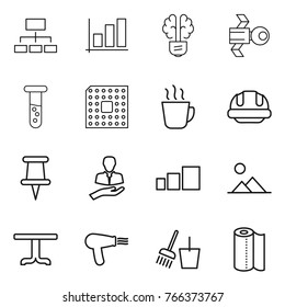 Thin line icon set : hierarchy, graph, bulb brain, satellite, vial, cpu, hot drink, building helmet, pin, client, sorting, landscape, table, hair dryer, bucket and broom, paper towel