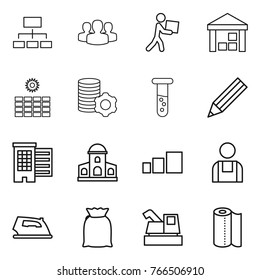 Thin line icon set : hierarchy, group, courier, warehouse, sun power, virtual mining, vial, pencil, houses, mansion, sorting, workman, iron, flour, harvester, paper towel