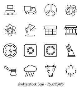 Thin line icon set : hierarchy, truck, diagram, atom, table lamp, market, watch, ring button, knife holder, turk, rain cloud, cow, maple leaf