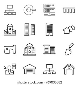 Thin line icon set : hierarchy, cell corection, server, bridge, mansion, skyscrapers, skyscraper, houses, slum, building, district, construction, architector, garage, barn