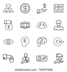Thin line icon set : hierarchy, dollar, investment, money, gift, team, group, woman, eye, bulb head, brain, cell corection, hand coin, client, check in, housing