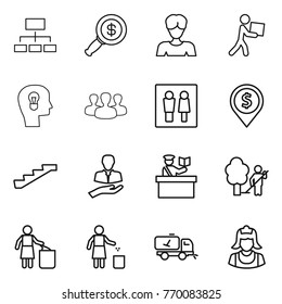 Thin line icon set : hierarchy, dollar magnifier, woman, courier, bulb head, group, wc, pin, stairs, client, inspector, garden cleaning, garbage bin, home call, cleaner