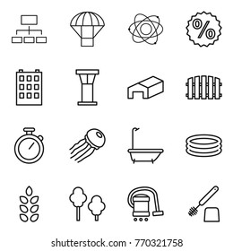 Thin line icon set : hierarchy, parachute, atom, percent, building, airport tower, warehouse, fence, stopwatch, jellyfish, bath, inflatable pool, spikelets, trees, vacuum cleaner, toilet brush