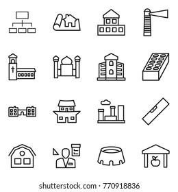Thin line icon set : hierarchy, project, cottage, lighthouse, church, minaret, building, brick, school, japanese house, city, level, architector, stadium, warehouse