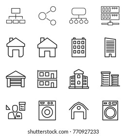 Thin line icon set : hierarchy, molecule, structure, server, home, building, skyscraper, garage, modular house, district, architector, washing machine, barn