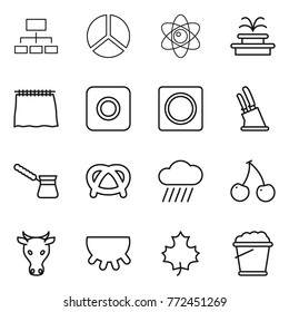 Thin line icon set : hierarchy, diagram, atom, fountain, curtain, ring button, knife holder, turk, pretzel, rain cloud, cherry, cow, udder, maple leaf, foam bucket