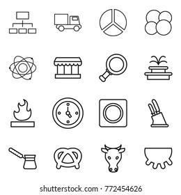 Thin line icon set : hierarchy, truck, diagram, atom core, market, magnifier, fountain, flammable, watch, ring button, knife holder, turk, pretzel, cow, udder
