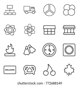 Thin line icon set : hierarchy, truck, diagram, atom core, market, flammable, flippers, watch, ring button, welcome mat, pretzel, cherry, maple leaf