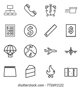 Thin line icon set : hierarchy, phone, alarm clock, delivery, abacus, dollar coin, ruler, tax, parachute, earth, plane, curtain, cake, fire, clean window