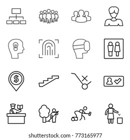 Thin line icon set : hierarchy, team, group, woman, bulb head, fingerprint, virtual mask, wc, dollar pin, stairs, do not trolley sign, check in, inspector, garden cleaning, vacuum cleaner